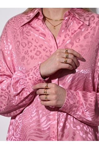 Pera Moda Jakarlı Oversize Uzun Şık Kadın Gömlek Pembe