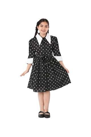 Kız Çocuk Elbise Yaka Ve Manşet Detaylı Boydan Düğmeli Ve Kuşaklı 7-12 Yaş 12420 Siyah