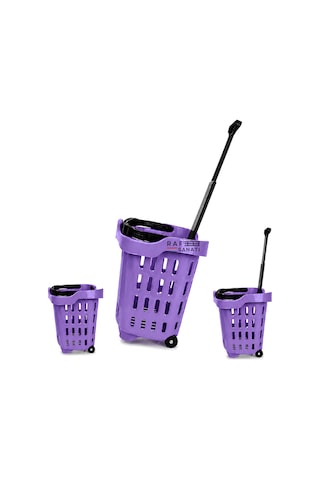 5 Adet - 43 Lt Tekerlekli Market Sepeti Plastik Alışveriş Sepeti Ergonomik Çift Saplı Mor