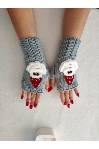 Newdaycraft El Örgüsü Motifli Parmaksız Eldiven / Bileklik - Gri Noel