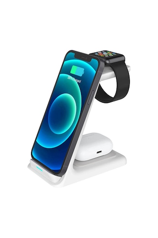 Honmex Beyaz 3'ü 1 Kablosuz Şarj Aleti: İphone, iOS Watch Uyumlu Ve Airpods İçin Çift Bobinli Hızlı Şarj - Qi Sertifikalı, Güvenli Ve Düzenli