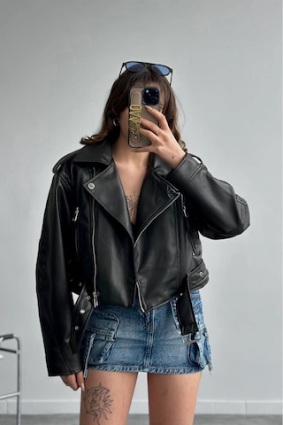 Yeni Sezon Oversize Kadın Siyah Biker Deri Ceket Siyah