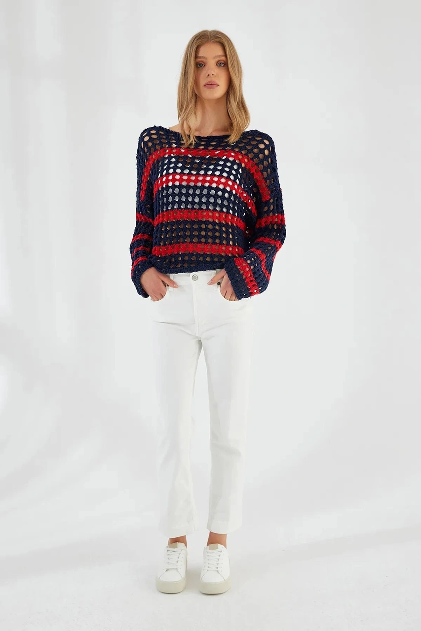 6877 Kadın Çizgili Ajurlu Kayık Yaka Triko Kazak Lacivert Lacivert