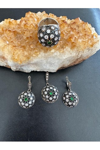 Aysesa Otantik El Yapımı Zirkon Zümrüt Kadın Gümüş Set