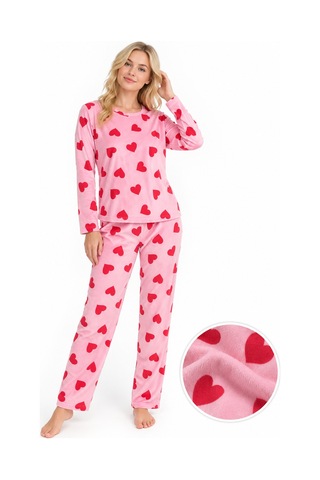 Sleeeproom Kadın Süet Mevsimlik Kalp Desen Pudra Pijama Takımı Kırmızı - Pembe