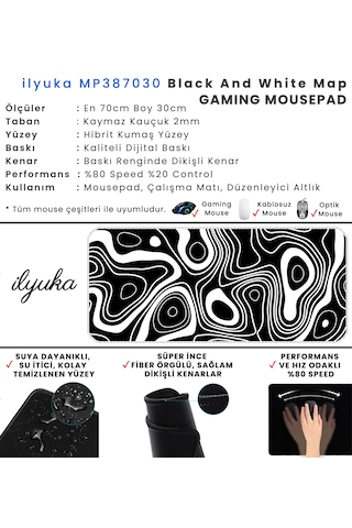 İlyuka Mousepad 70x30cm Büyük Boy Xl Mp387030 Black White T. Map