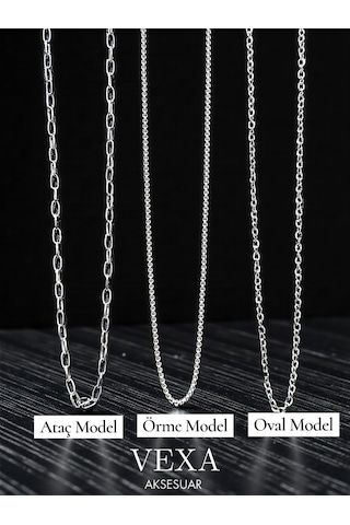 3 Lü Zincir Kolye Seti Ataç, Örme Ve Oval Model Özel Kutulu Hediyelik Set Gümüş