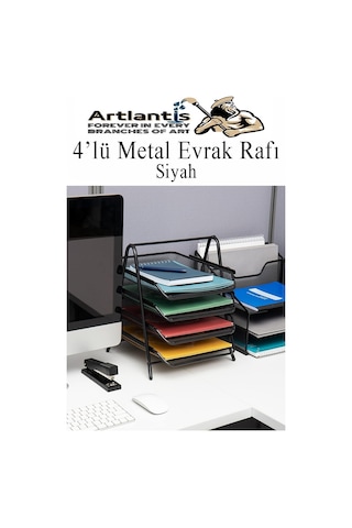 4 Lü Metal Evrak Rafı Siyah 1 Paket Masaüstü A4 Dosya Düzenleyici Kağıt Tepsisi Metal Çelik Fileli Dört Katlı Hareketli Siyah