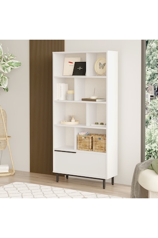 Yurudesign Ocean Kitaplık Raf Metal Ayaklı 176cm Kapaklı Beyaz On4-w