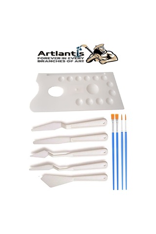 Plastik 13 Hazneli Resim Paleti 5 Li Plastik Spatula Ve Resim Fırçası 1 Paket Ressam Paleti Sanatsal Esnek Palet Bıçağı
