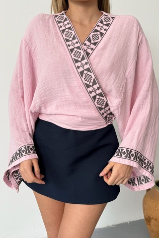Giysa Kadın Bağlama Detaylı Nakışlı %100 Pamuklu Kimono Pembe - 26y 7014