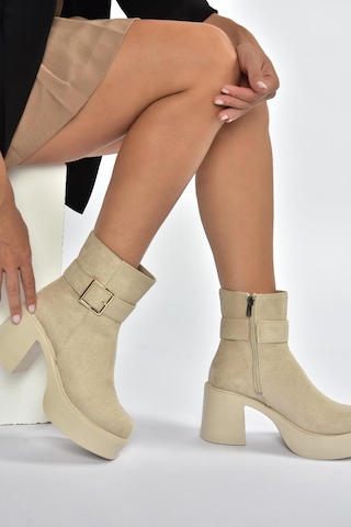 Fox Shoes V726446602 Bej Süet Kalın Topuklu Kadın Bot Bej-süet