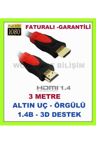 Hdmi To Hdmi Kablo 3 Metre Altin Uçlu Örgülü Hdmi Kablo