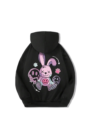 Brz Kids Unisex Çocuk Cartoon Rabbit Hoodie Siyah