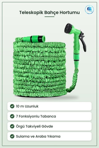 Uzayan Teleskopik Bahçe Hortumu 10 M 7 Fonksiyonlu Tetikli Tabanc