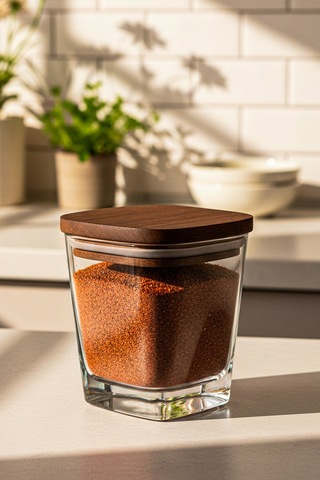 Snippy Prime - 7 Parça Standlı Ahşap Vakumlu Kapaklı Baharatlık Seti Standlı Saklama Kabı 300 Ml Şeffaf