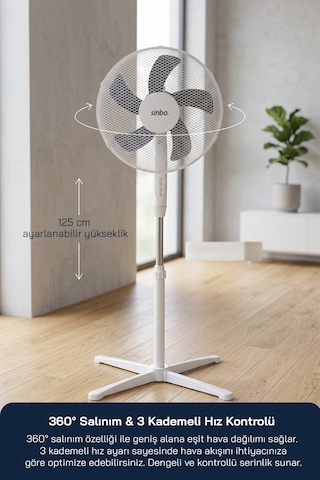 Sf-7704 Ayaklı Vantilatör 16 İnç 35w Sessiz Fan 3 Kademeli Yükseklik Ayarlı Ev Tipi