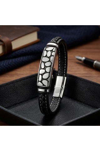 Premium River Stone Motifli Çelik Kilitli Siyah Deri Erkek Bileklik. 31831b8d4