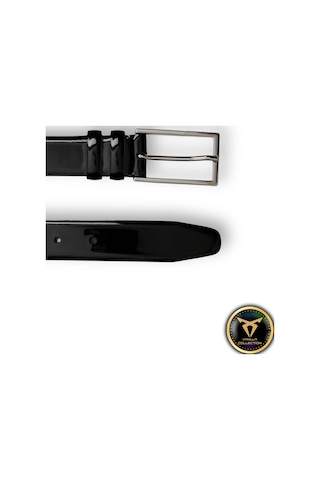 Vanilla Collection Rugan Vegan Deri Kemer Gümüş Metal Tokalı İnce Model Parlak Siyah Rugan Siyah
