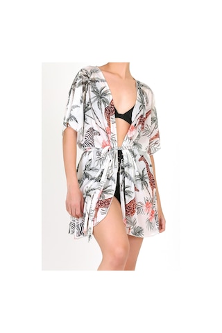 Pareo Plaj Elbisesi Kimono Std Yazlık Oversize Tül Gömlek Kemerli Elbise Tropikal Beyaz