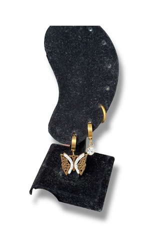 Üçlü Kelebek Sallantılı Taşlı Çelik Küpe Altın