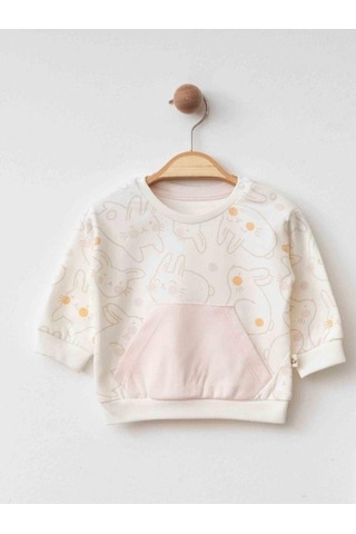 Zekids Kız Bebek Tavşan Baskılı Organik Eşofman Takım-15486 Pudra