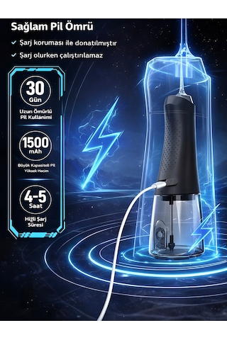 Ipx7 Ağız Duşu 320ml 5 Başlık 4 Mod 20-140 Psı Şarjlı Diş Temizleme Oral Irrigator Siyah