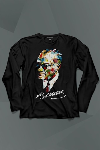 Karizma Gözlüklü Gazi Mustafa Kemal Atatürk Portresi Uzun Kollu Tişört Baskılı T-shirt 001