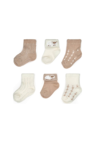 Bebek 6'lı Kuzu Detaylı Çorap %100 Organik Pamuk, Bebek - Yenidoğan - Csyc1005 Ekru