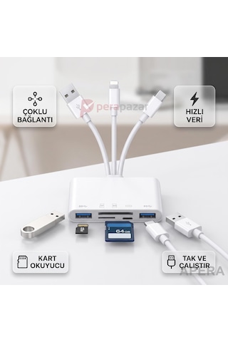 3in1 Type-c Usb Lightning Sd Micro Kart Okuyucu Otg Adaptör - Aynı Anda Tek Uç Aktif - Veri Aktarımı Cr94