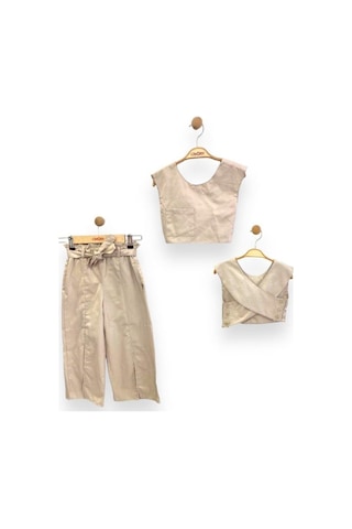 Çikoby Kız Çocuk Dokuma Üstü Crop Bol Paça Yırtmaçlı Pantolon Takım-13775 Taş