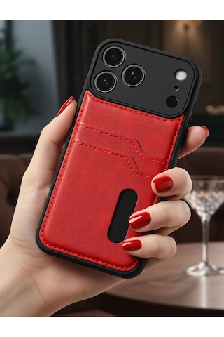 Apple iPhone 17 Pro Max İçin Uyumlu Kılıf Kart Bölmeli Deri Tasarımlı Kılıf
