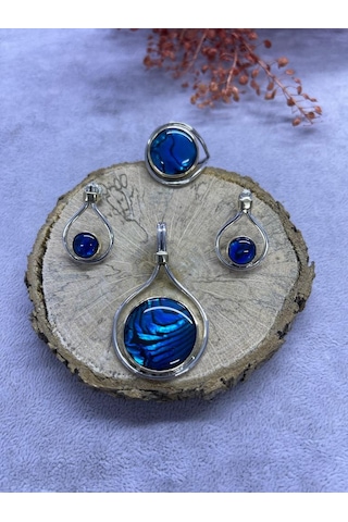 Nsa Gümüş Okyanus Sedefi Taşlı 925 Ayar Doğal Taş El İşi Gümüş Set