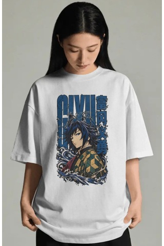 Unisex Oversize Giyu Tomioka Demon Slayer Anime Karakter Ön Baskı Beyaz