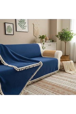 Premium Keten Lacivert Ponponlu Koltuk Örtüsü 170 X 220