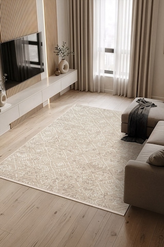 Stena Sa006a Krem Bej Halı Geometrik Desen Pamuk Taban Salon Halısı Yatak Odası Koridor Krem-bej