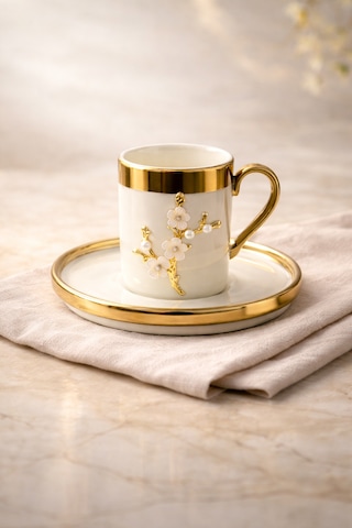 2 Kişilik Lüks Beyaz Gold Yaldızlı İnci Lotus Dallı Kahve Fincan Takımı Seti 100ml