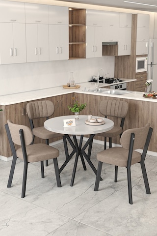 Gnr 90cm Sabit Beyaz Mutfak Masası Takımı, Yemek Masası, 4 Modern Cappucino Sandalye Cappuccino