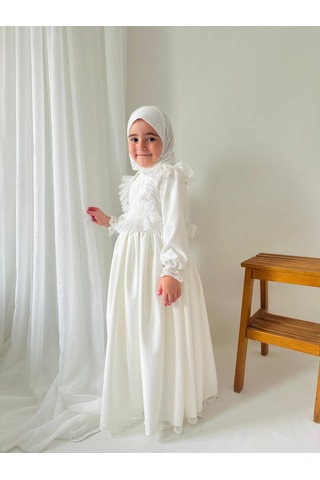 Kız Çocuk Tesettür Elbisesi Merasim Elbisesi,başörtülü Takım 3-12 Yaş Uygun Beyaz