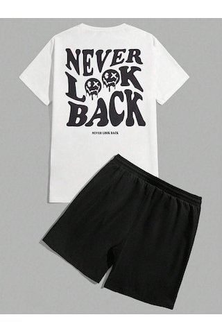 Never Look Back T-shirt Şort - Beyaz Siyah Alt Üst Takım Şort Tişört Kombin Baskılı Bisiklet Yaka Beyaz Siyah