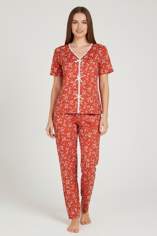 I-moda Kadın Turuncu Kalp Desenli Fiyonklu Kısa Kollu Uzun Pijama Takımı