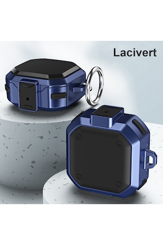 Microsonic Samsung Uyumlu Galaxy Buds 2 Kılıf Darbeye Dayanıklı Sert Koruyucu + Askılık Lacivert