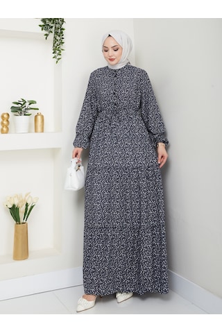 Nevayla Moda Düğme Detaylı Çiçekli Viskon Elbise - Lacivert / E0123 Lacivert
