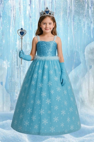 Parti Selesi Kız Çocuk Askılı Tarlatanlı Taç Asa Eldiven Hediyeli Mavi Elsa Elbise Frozen Mavi