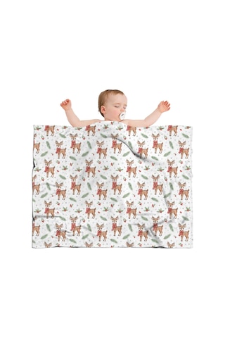 Noel Desenli Bebek Battaniyesi 40x30 İnç, Polar, Yumuşak, Hafif Ve Kalın Noel Geyik Kuzu Kızılcık