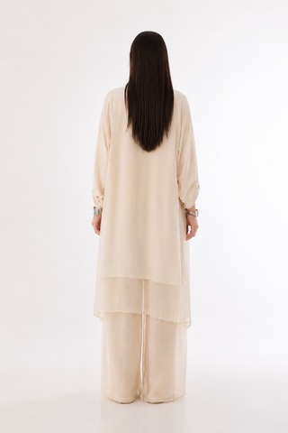 Bohem Stil Itayan Ipek Detaylı Oversize Kaftan- Pantolon Takım Krem
