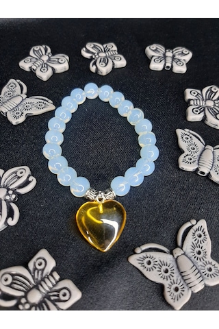 El Yapımı Opal Görünümlü Boncuklu Bileklik Sarı Kalp Charm Deta