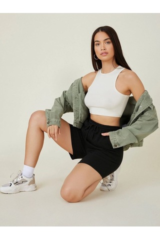 Siyah Kısa Düz Renk Baskısız Şort - Penye Baskısız Kordonlu Siyah