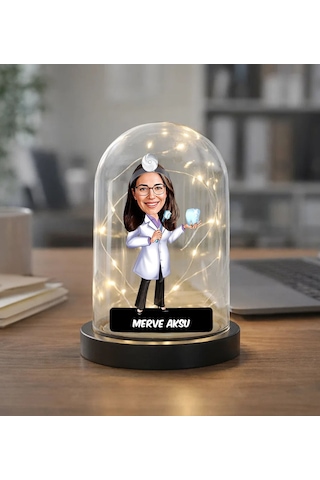 Bk Gift Kişiye Özel Kadın Doktor Karikatürlü Led Işıklı Cam Fanus Biblo -2, Mesleki Hediye, Sevgiliye-arkadaşa Hediye Kobitmeyencom36871 Bk Gift