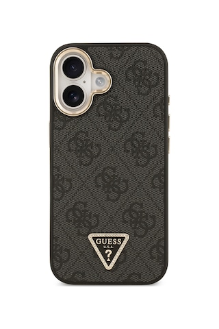 Apple Uyumlu iPhone 17 Kılıf Guess Lisanslı M-safe Şarjlı Gold Metal Kamera Çerçeveli Taşlı Üçgen Logo Siyah